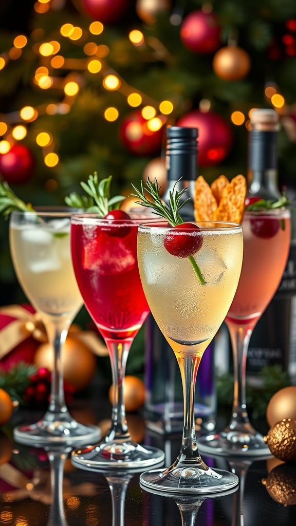 Festive Vodka Christmas Cocktails A variety of vibrant vodka cocktails with garnishes, set against a festive holiday backdrop.